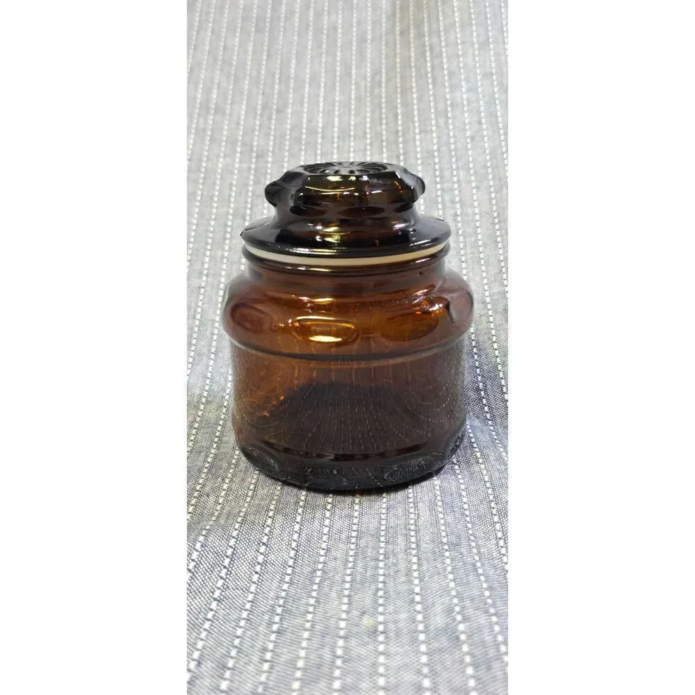 VTG Cremora 1970's Dark Amber Brown Glass Apothecary Jar - Starburst Lid - 4 in